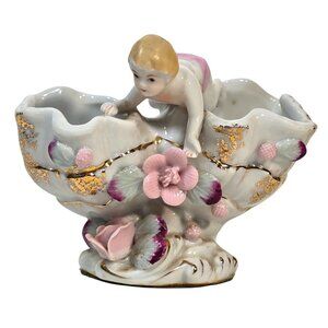Ucagco Japan Porcelain Baby Figurine Vase Gold Gilt Flowers Vintage Romantic